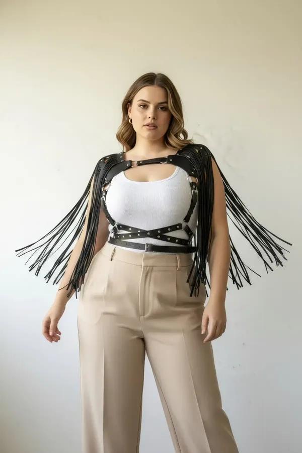Studded Faux Leather Chest Harness with Shoulder Fringe