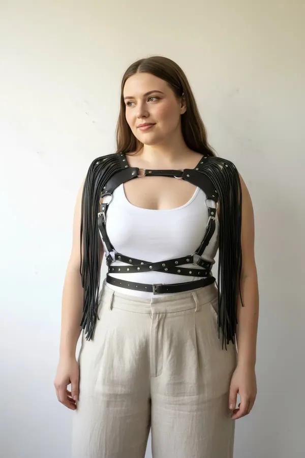 Studded Faux Leather Chest Harness with Shoulder Fringe