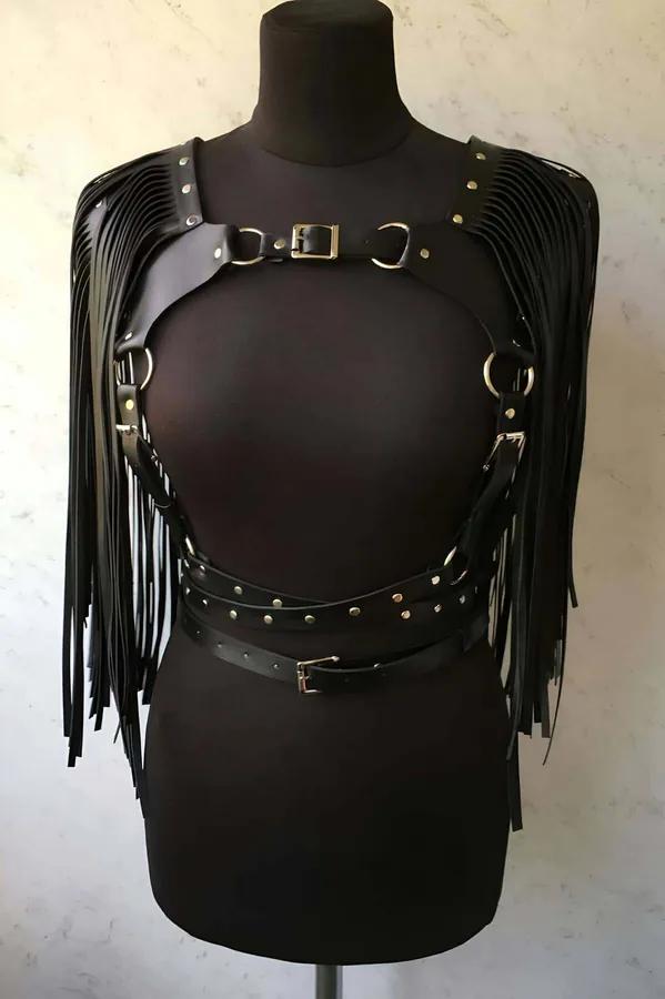 Faux Leather Fringe Body Harness with Studded Belt