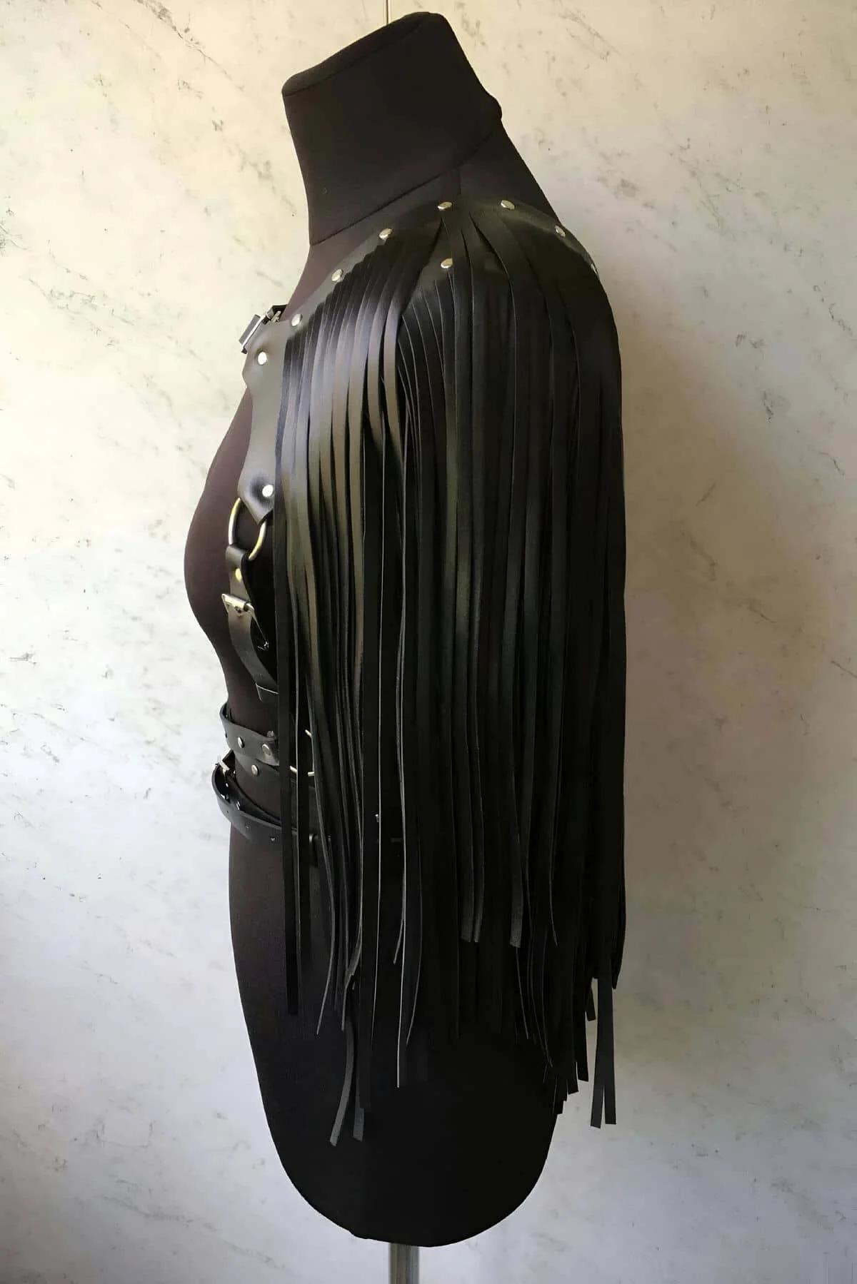 Faux Leather Fringe Body Harness with Studded Belt