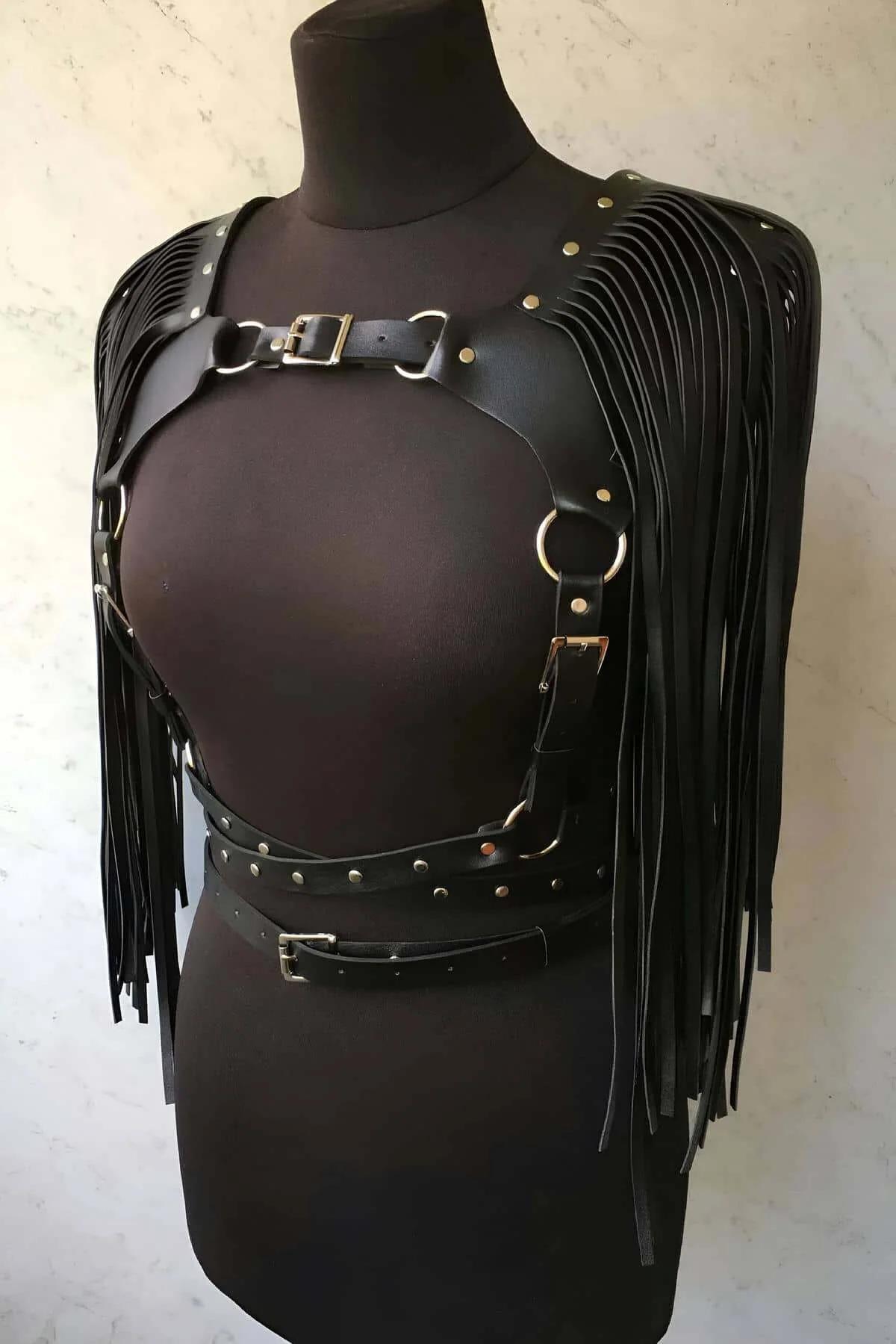 Faux Leather Fringe Body Harness with Studded Belt