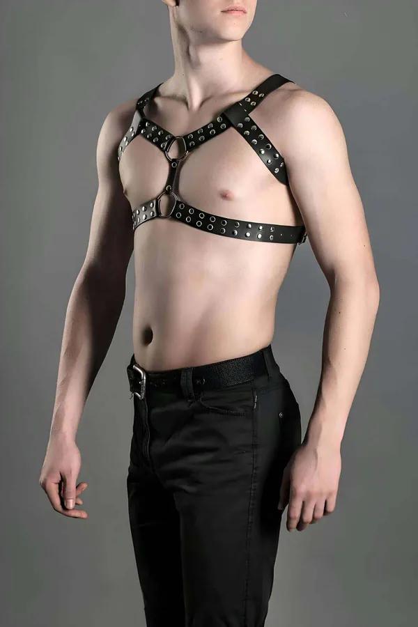 Studded Faux Leather Chest Harness with O-Rings