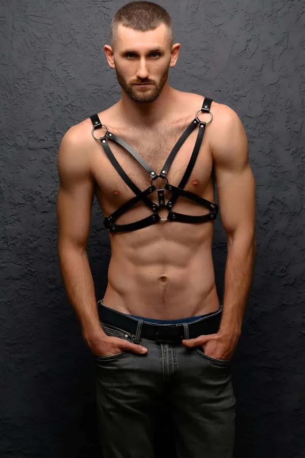 Black Faux Leather Chest Harness with O-Rings