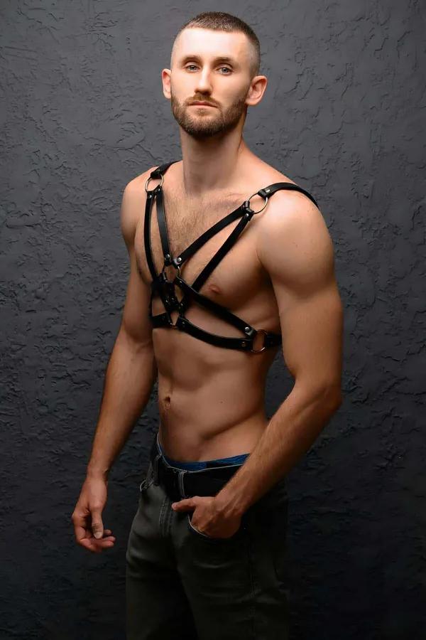Black Faux Leather Chest Harness with O-Rings