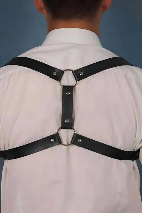 Back Harness Men Front View White Shirt Layered Look Black Leather Dual O-Ring Closure