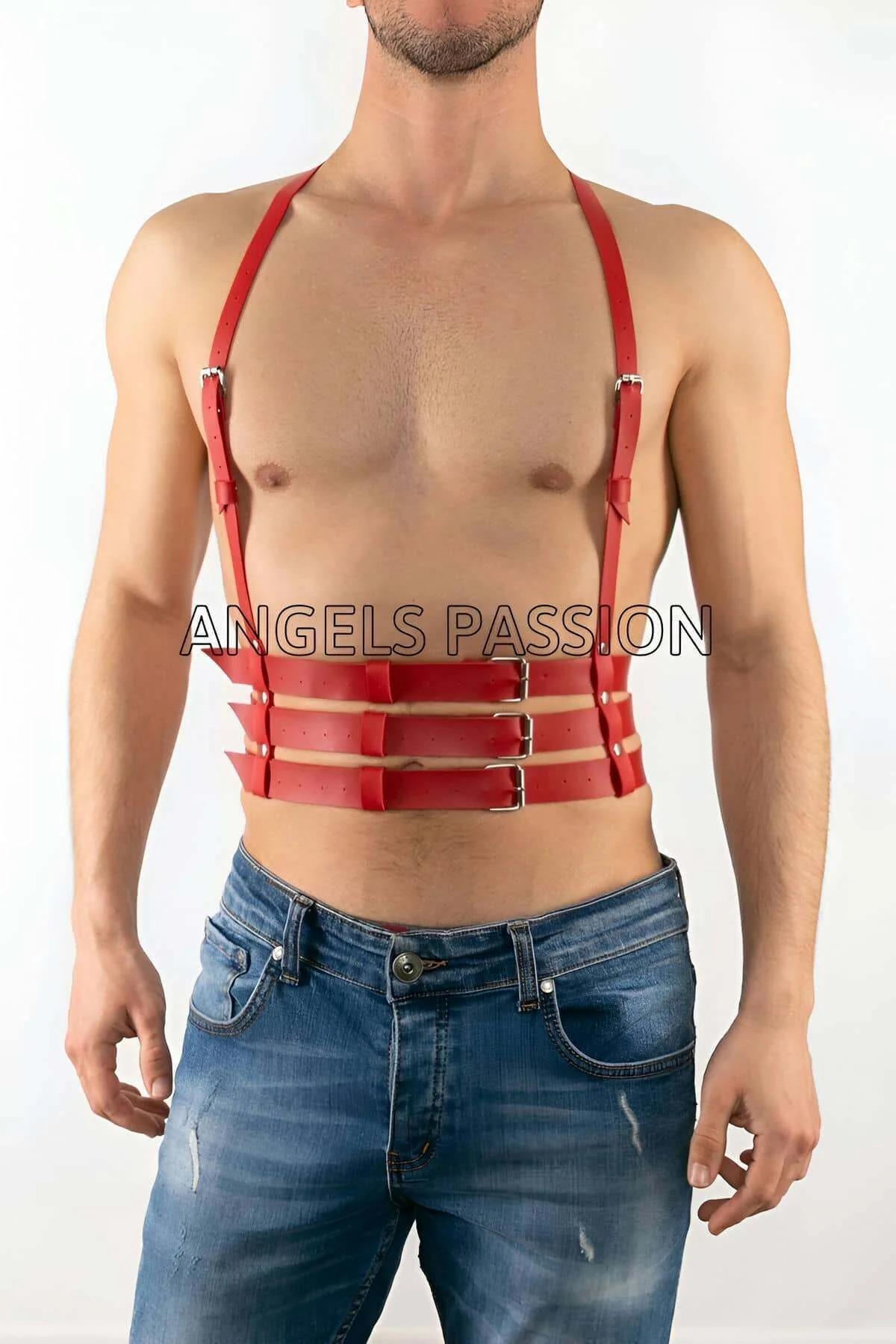 kırmızı suni deri erkek vücut harness 4 bantlı bel kafesi gümüş tokalı omuz kayışı