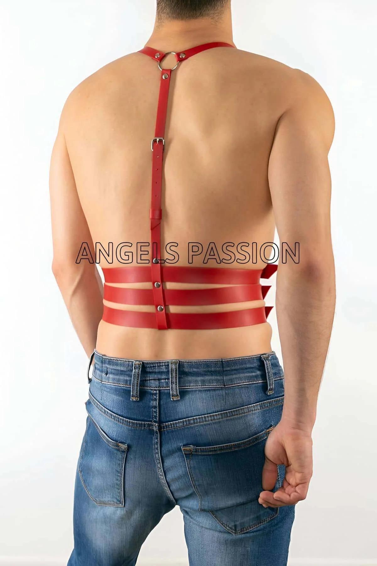erkek fantazi harness kırmızı bel bandı suni deri ön cephe