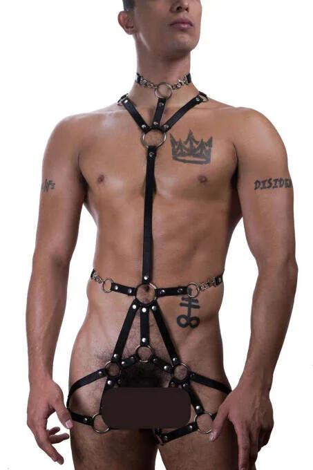 siyah elastik lastik erkek body harness gümüş O-halka ve zincir choker detaylı tam vücut tasarım