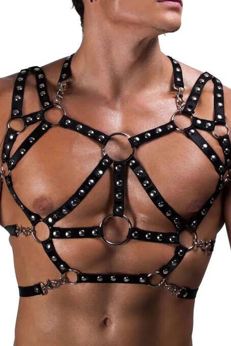 Studded Faux Leather Full Body Harness with O-Rings