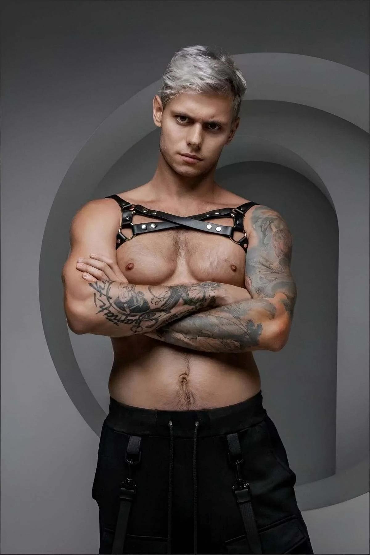 Black Faux Leather Chest Harness with O-Rings