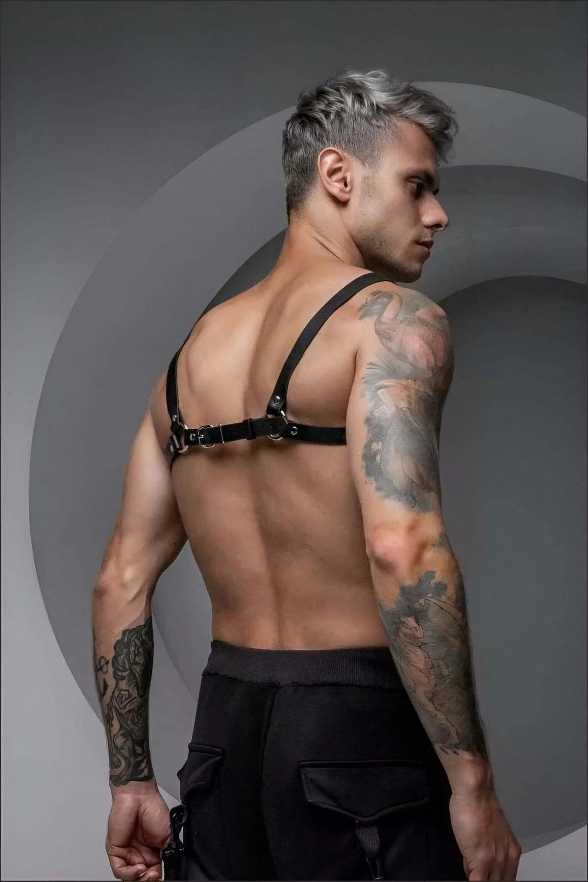 Black Faux Leather Chest Harness with O-Rings