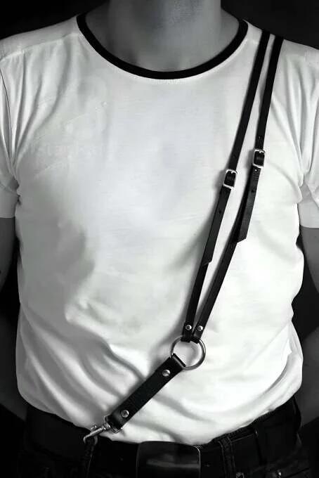 Black Chest Harness Front View Adjustable Straps Over White Tee with O-Ring Detail
