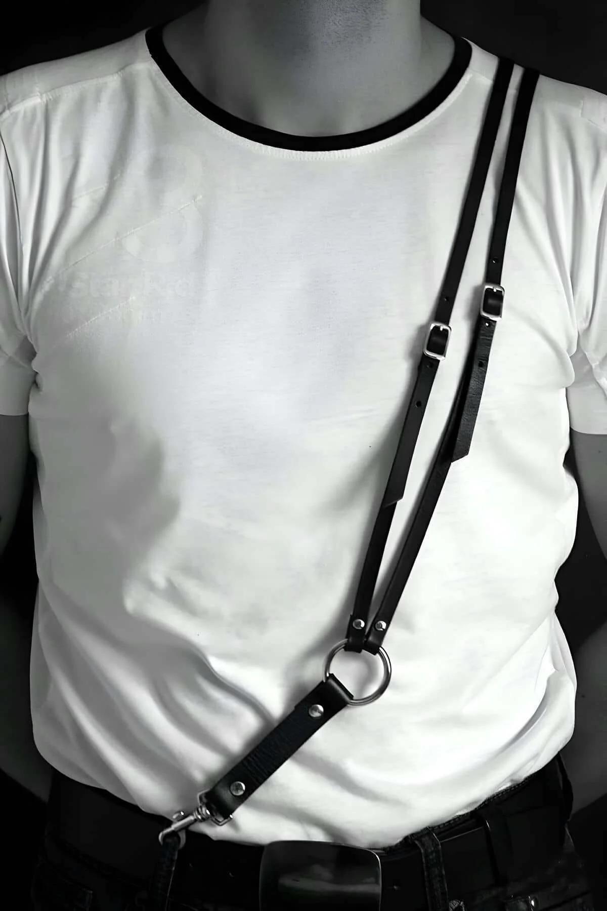 Adjustable Black Faux Leather Chest Harness Side Profile Close-Up Rivet Details and Buckles