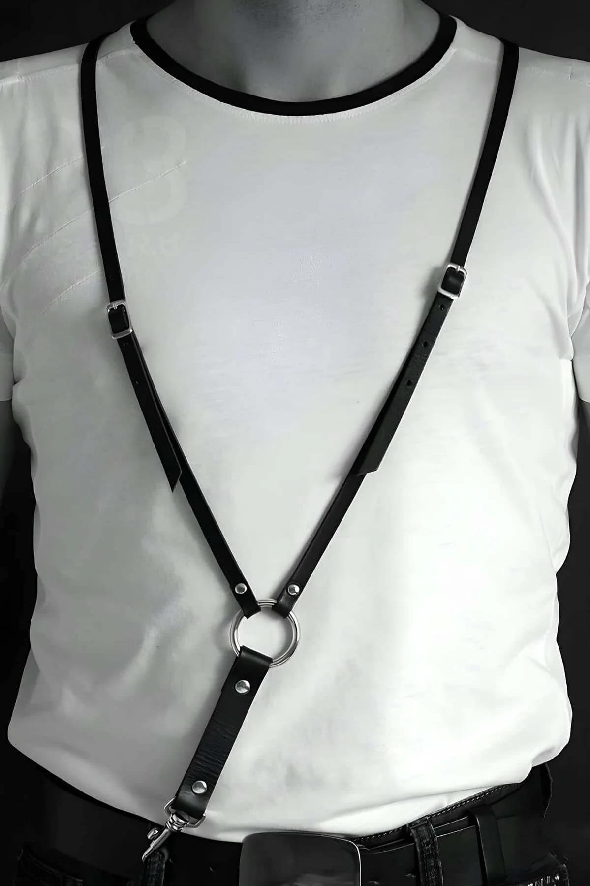 Silver O-Ring Chest Harness Flat Lay with White T-Shirt