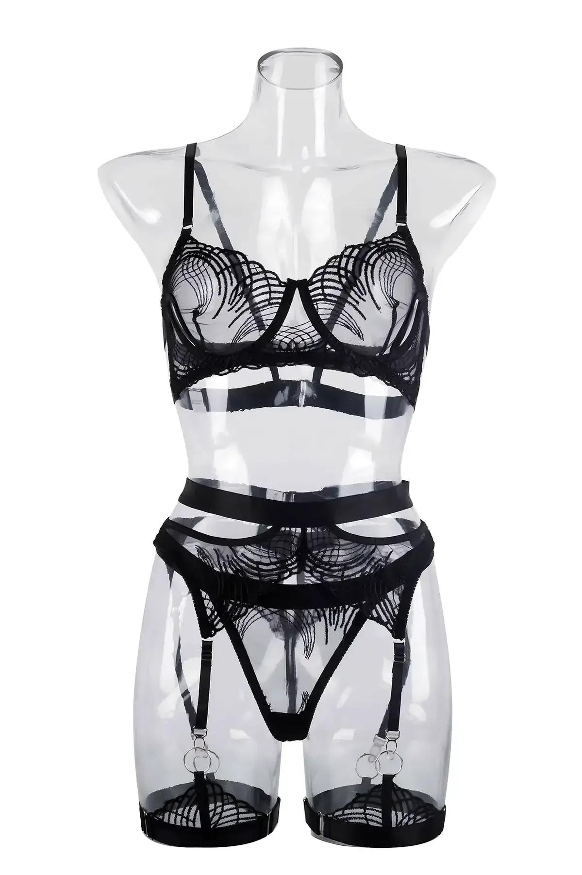 Lace Detail Harness Lingerie Set with Garter Belts