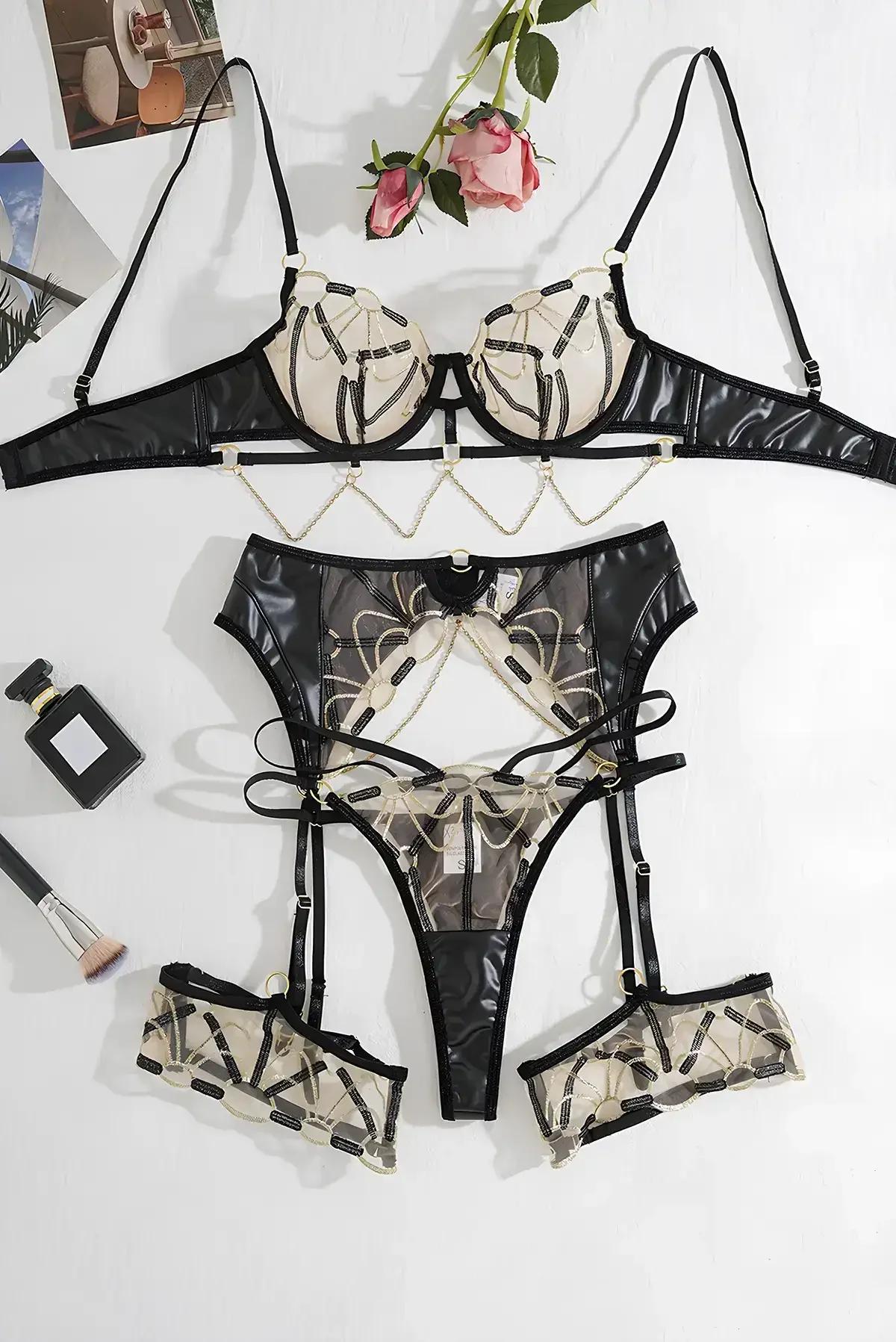 Lace & Chain Garter Lingerie Set with Underwired Bra
