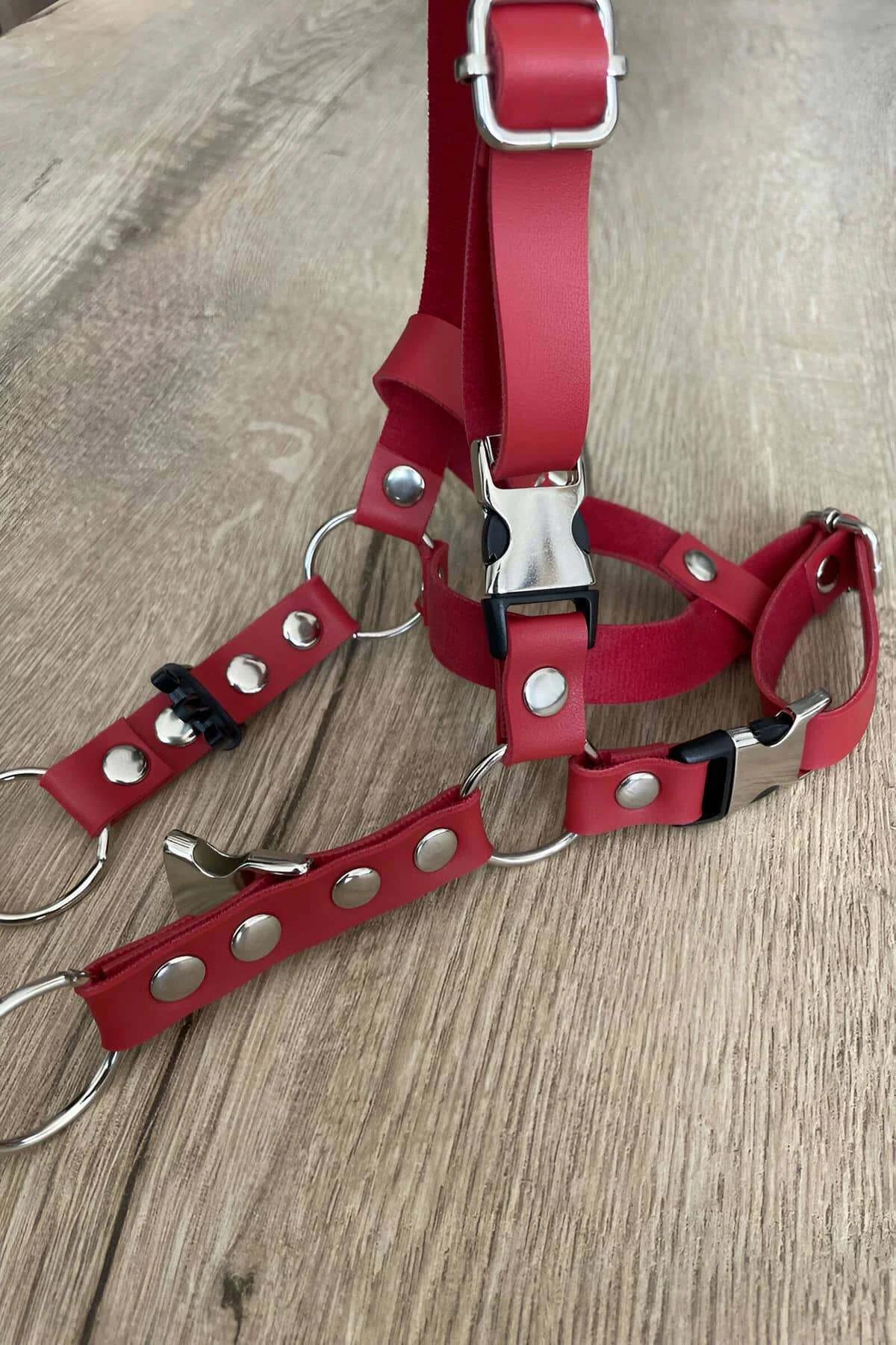 Red Faux Leather Cat Harness with O-Ring and Adjustable Straps