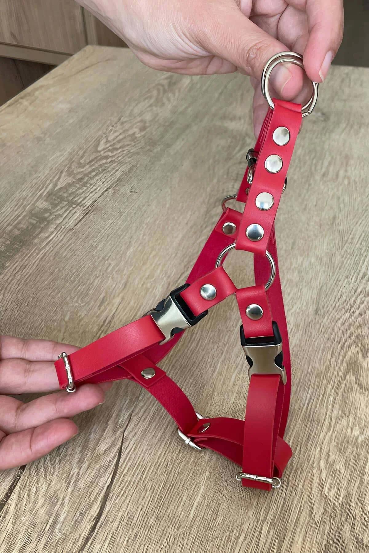 Red Faux Leather Cat Harness with O-Ring and Adjustable Straps