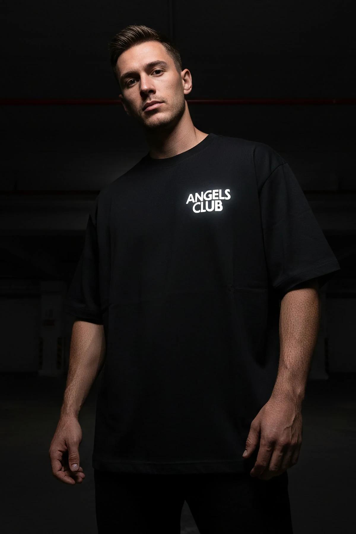 black oversized t-shirt men reflective Angels Club chest print glowing silver-white dropped shoulder boxy fit