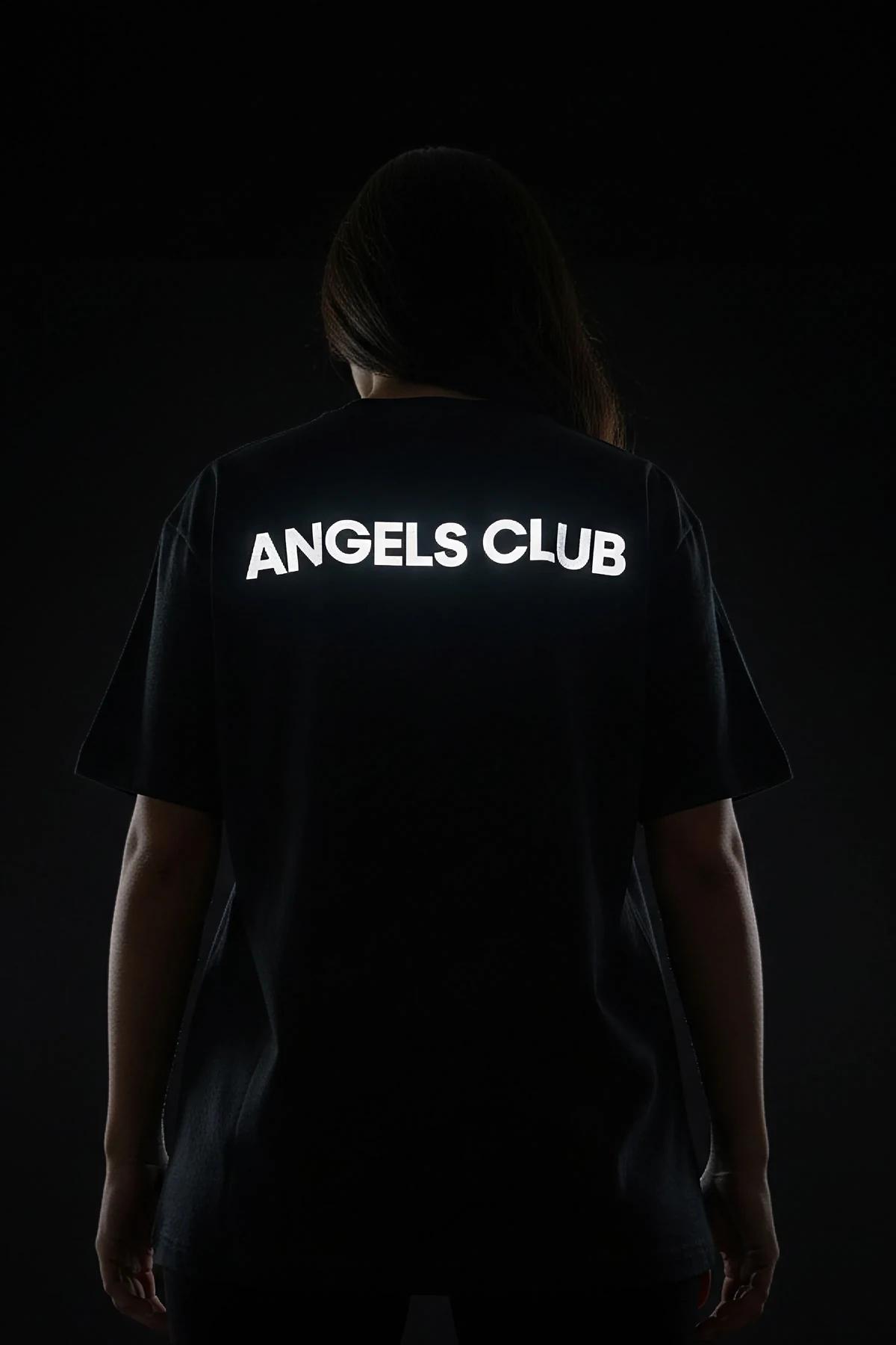 black oversized t-shirt men reflective Angels Club chest print glowing silver-white dropped shoulder boxy fit