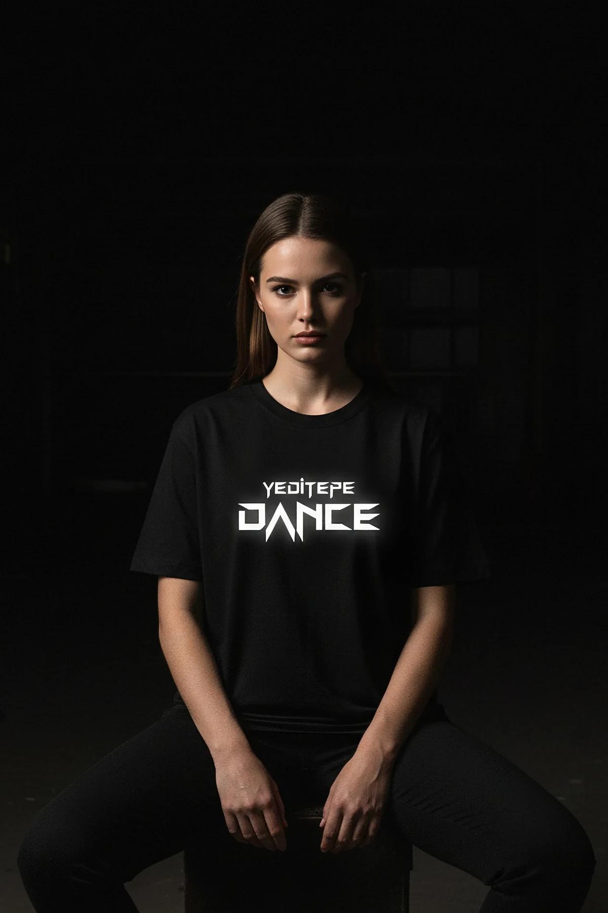 black oversized graphic t-shirt with white reflective Kültür Dance angular print on chest