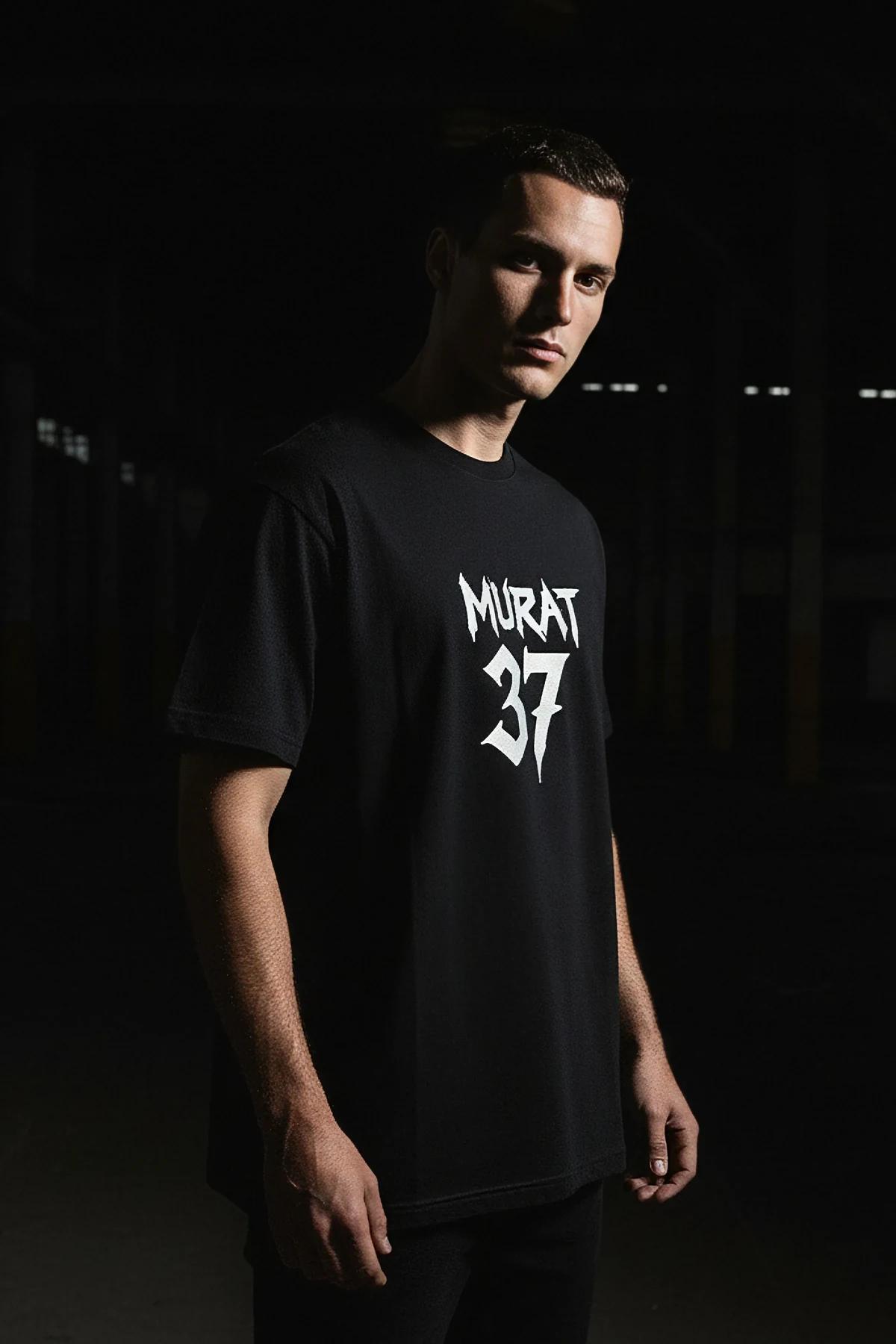 reflective print black oversized t-shirt white bold graphic lettering and numerals on chest front view