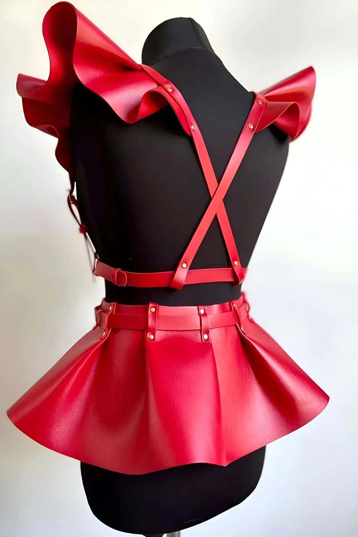 Red Harness Skirt Set with Ruffled Shoulder Accents