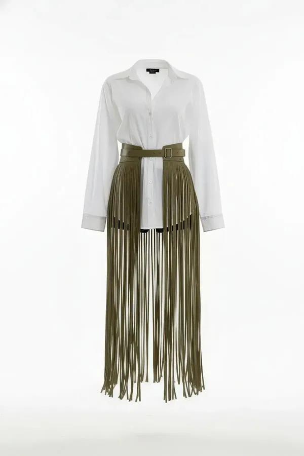 olive vegan leather maxi fringe waist belt with adjustable silver buckle worn over white shirt dress