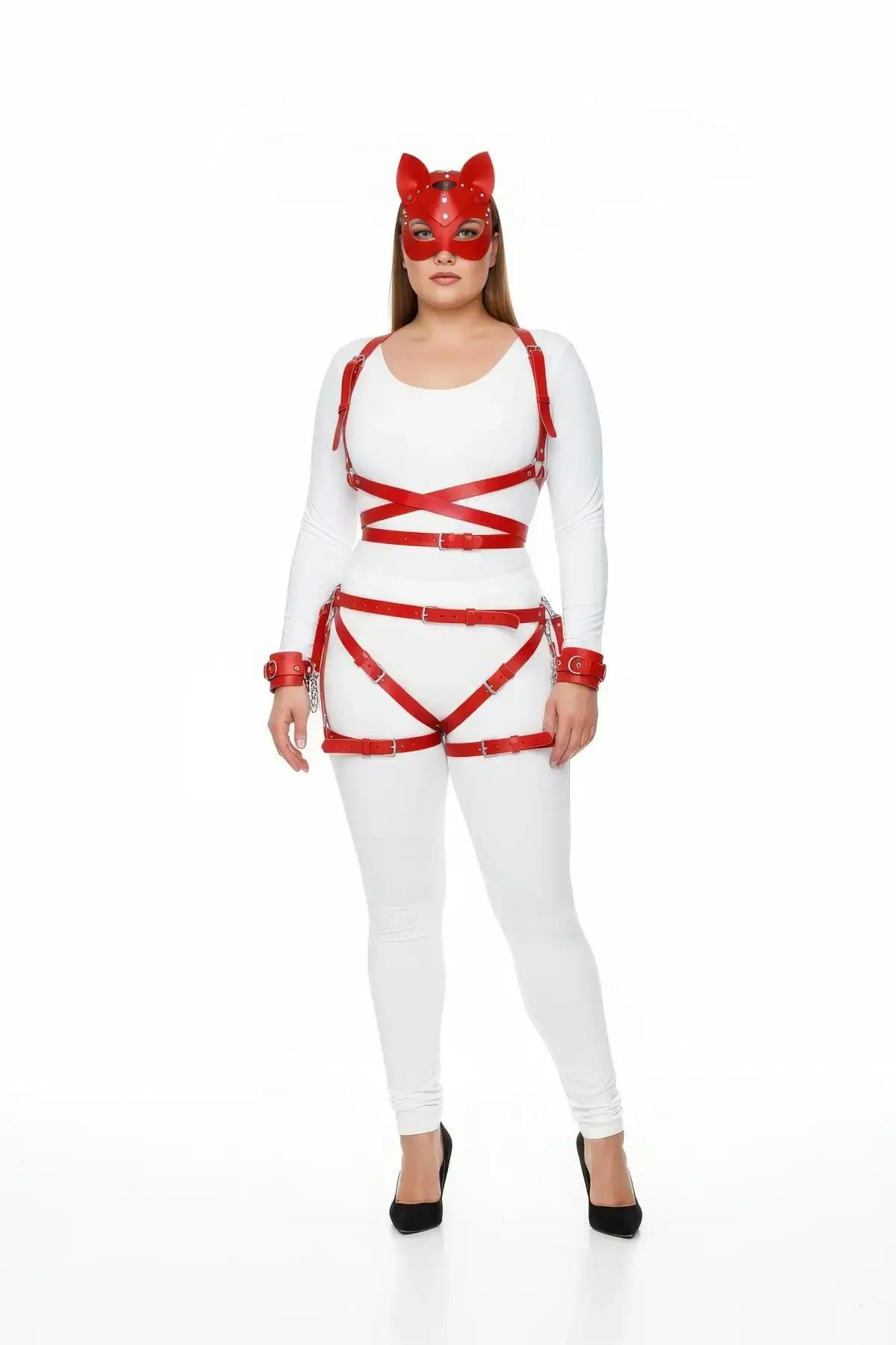 red faux leather crossover chest harness with dual waist bands and silver rectangular buckles front view