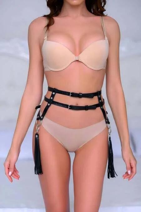 Siyah PU deri bel kemer harness ön görünüm çift toka detayı