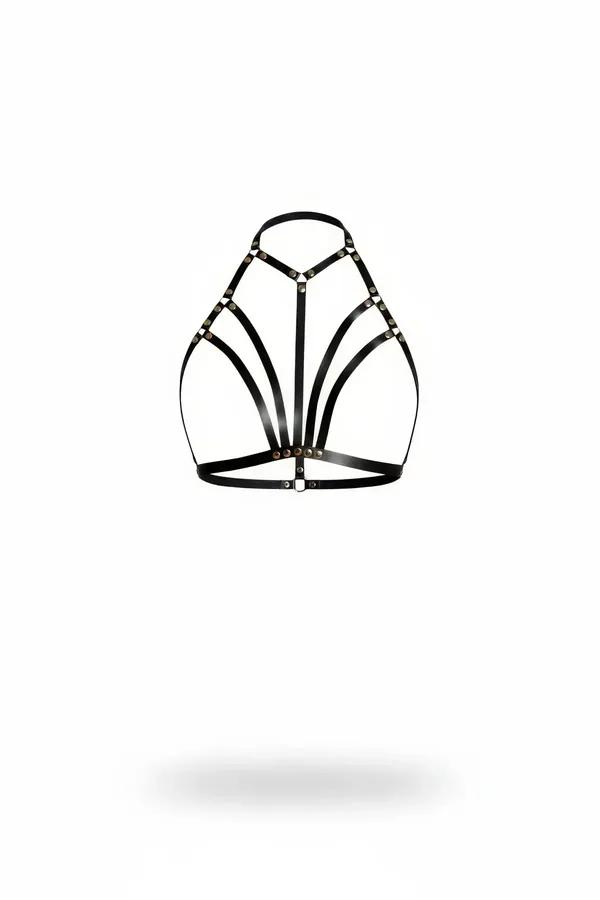 Siyah vegan deri çoklu şeritli kafes harness bronz metal perçin ve ön toka detayı