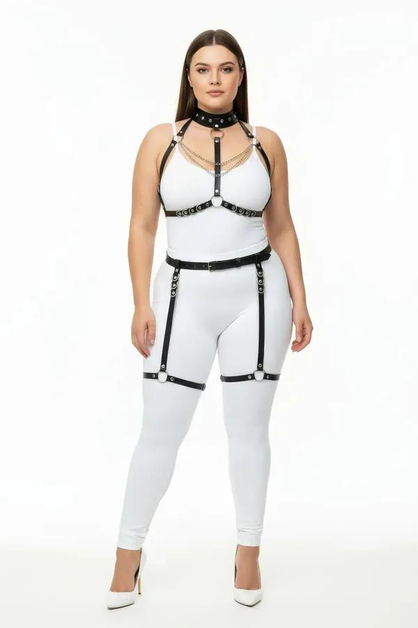 black faux leather full body harness set with silver chain chest harness, choker collar, hip belt, and thigh garter straps on