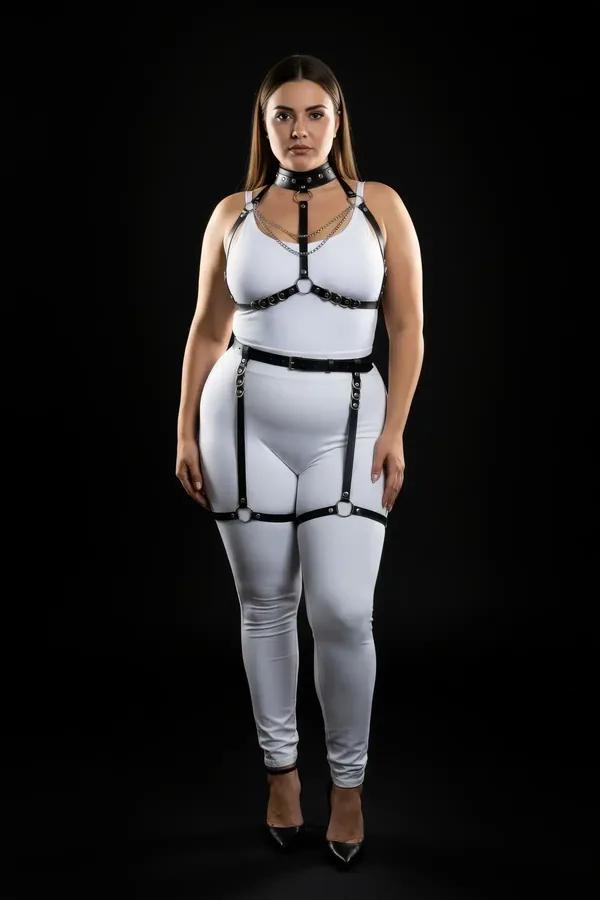 black faux leather full body harness set with silver chain chest harness, choker collar, hip belt, and thigh garter straps on