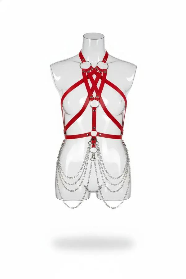 kırmızı vegan deri vücut harnesi gümüş zincir detaylı O-ring bantlı tam vücut aksesuarı önden görünüm