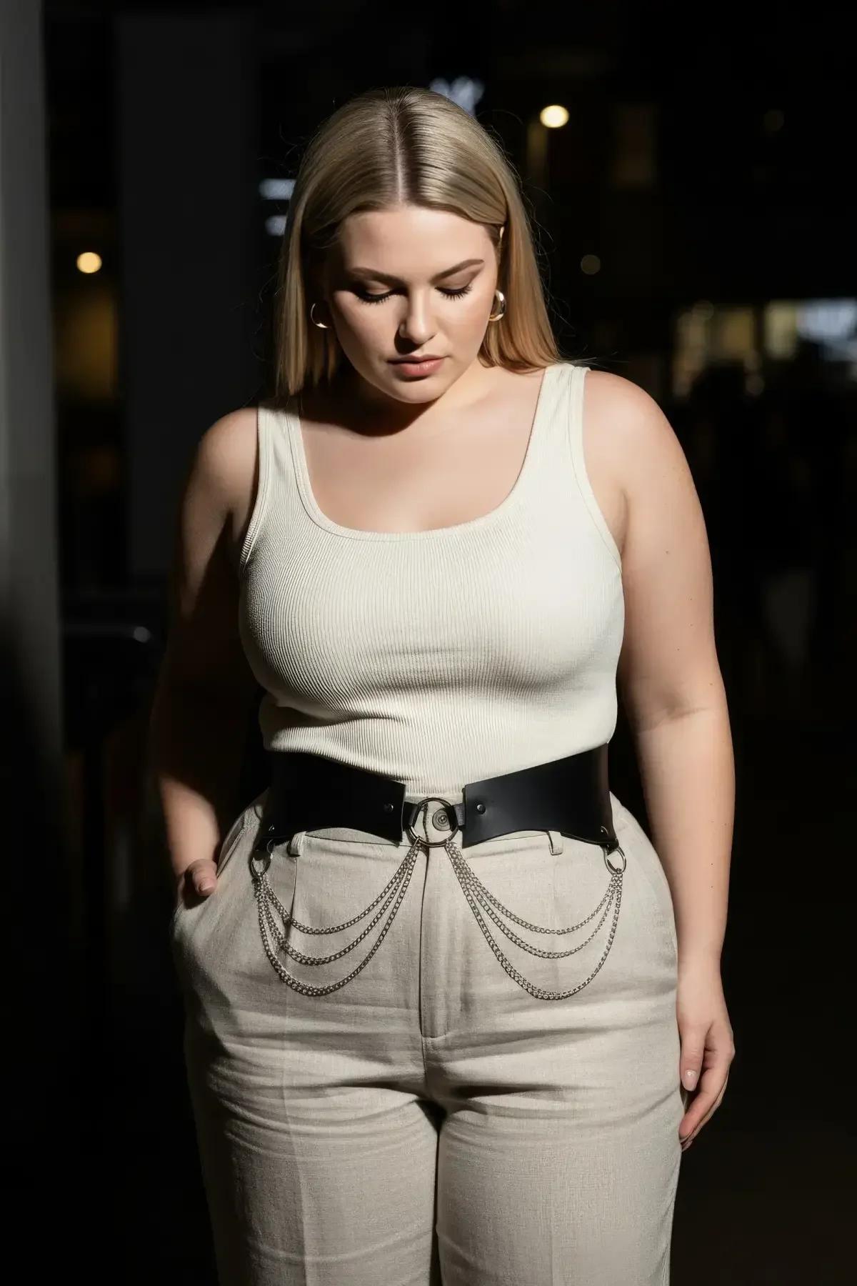 black wide waist harness with O-ring styled over white camisole and wide-leg trousers