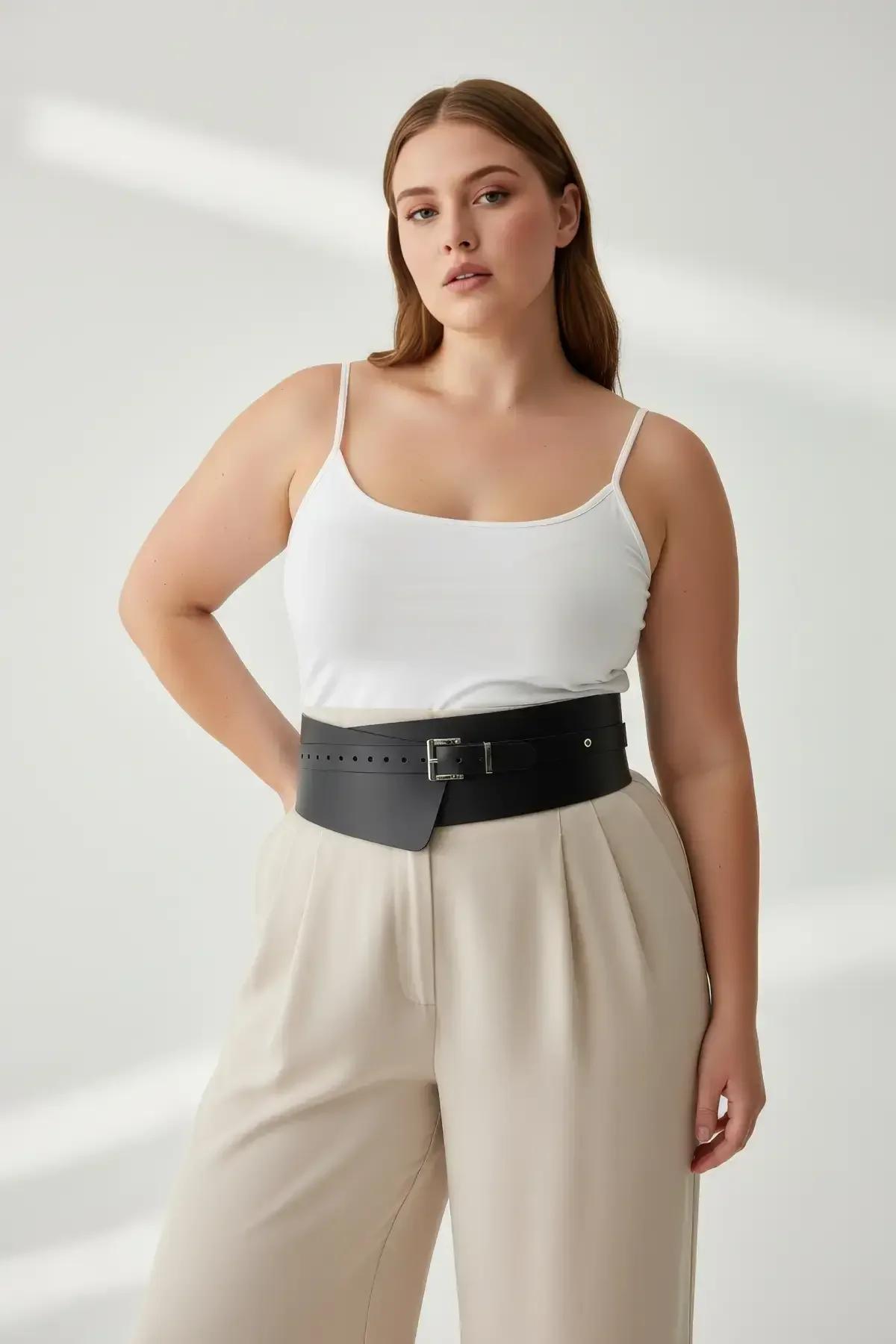 back view adjustable black faux leather wide waist corset belt showing buckle fastening detail