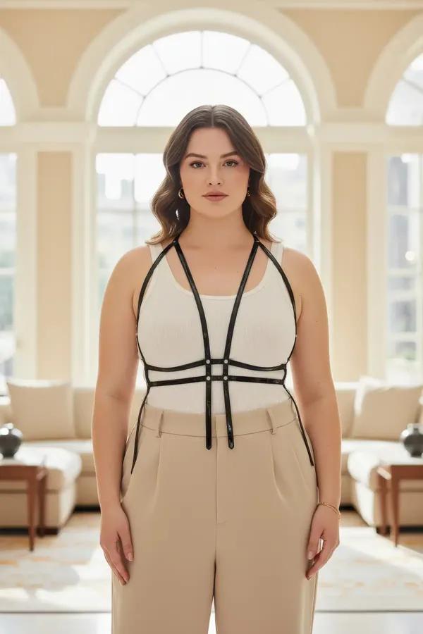 black faux leather caged harness with geometric chest strap grid and silver connector hardware worn over white top