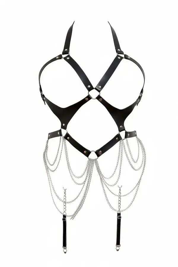 Siyah suni deri body harness gümüş sarkıt zincir ve bacak askısı detaylı vücut aksesuarı
