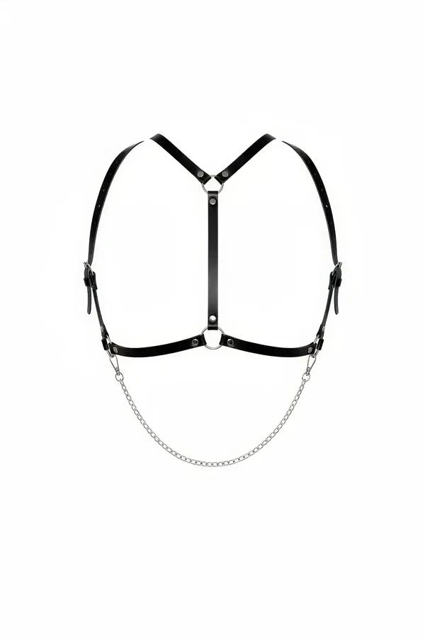 Siyah suni deri göğüs harness gümüş zincir ve O-ring detaylı, beyaz arka plan