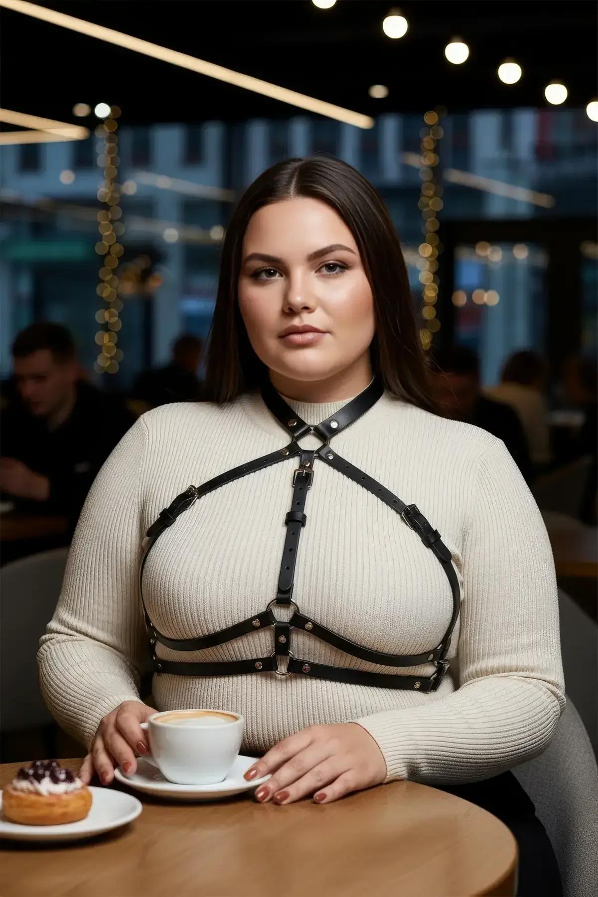 büyük beden siyah vegan deri harness kayış aksesuar elbise üzeri sokak stili kombin