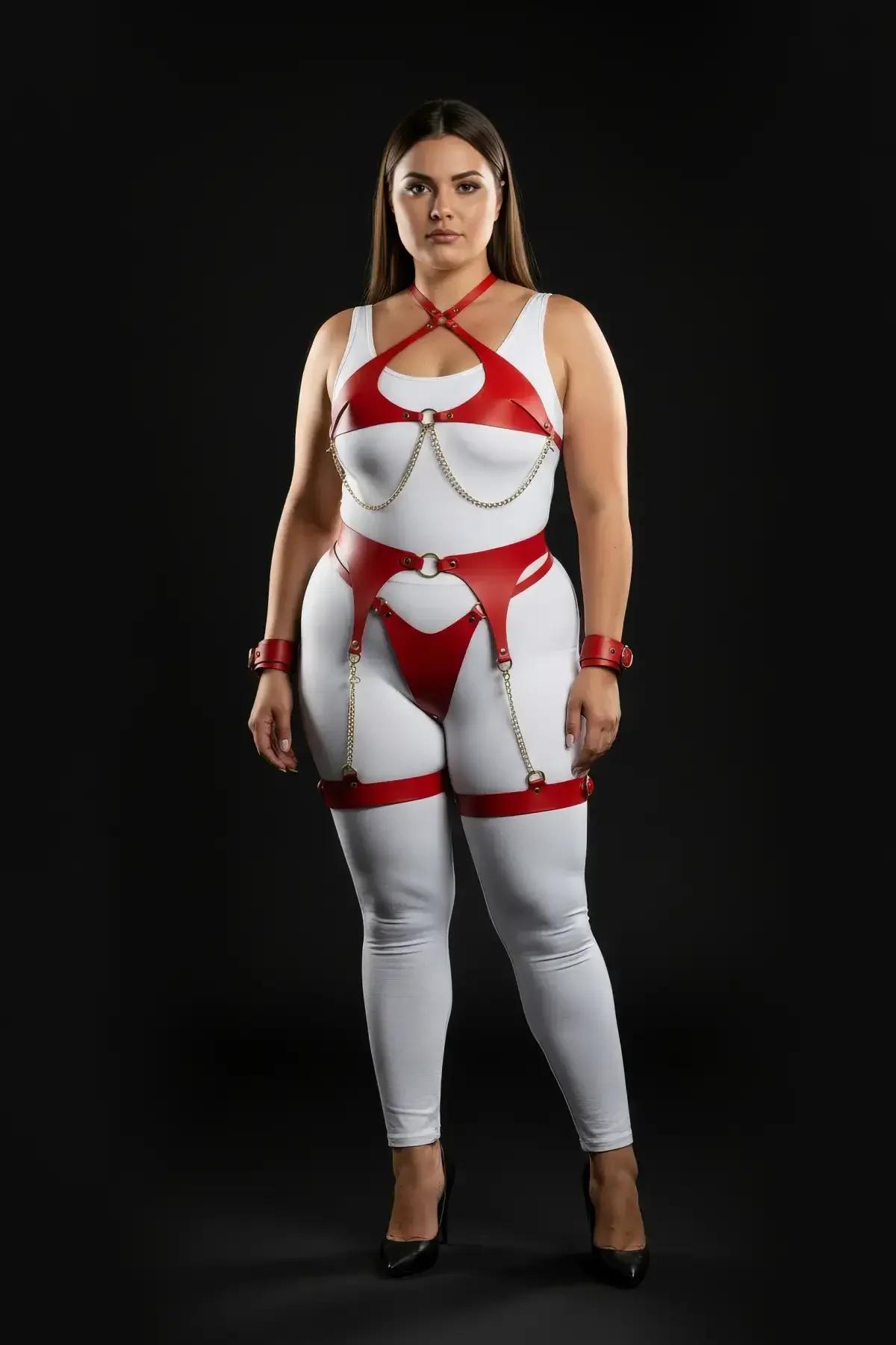 Close-up of red faux leather chest harness with gold chain drape and cross-neck halter strap
