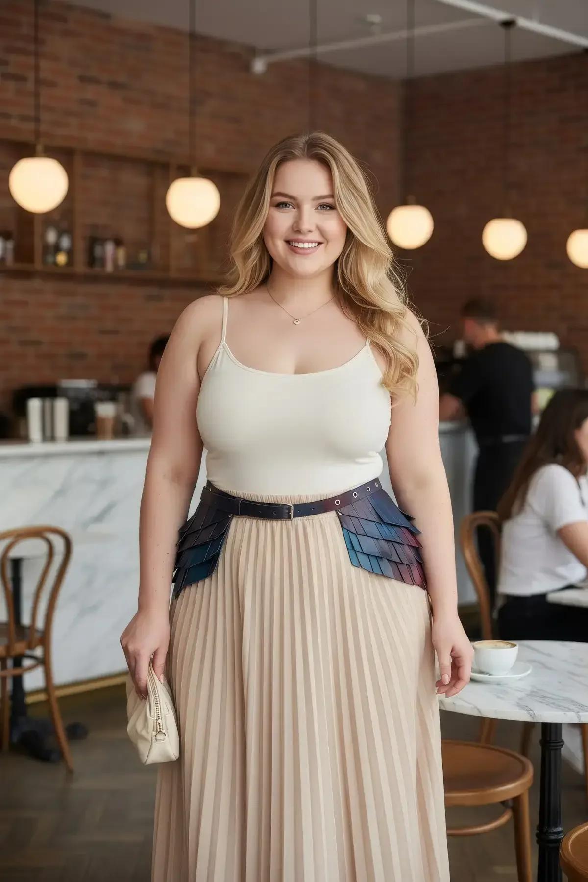 Iridescent scale vegan leather waist harness belt in navy-violet-rose worn over pleated maxi skirt with silver grommet closur