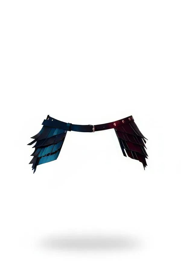 Iridescent scale waist harness belt with teal to burgundy gradient layered faux leather panels and silver buckle