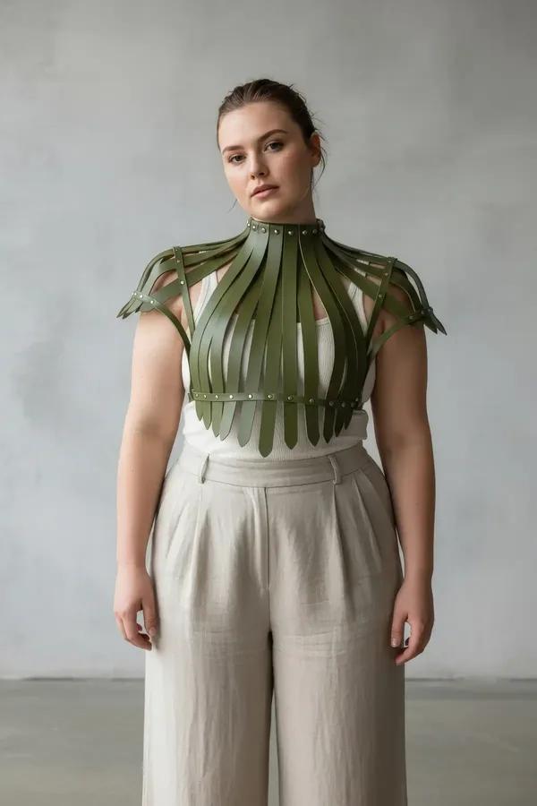 olive faux leather ribbed cage shrug harness top with gold rivet studs worn over white top street style