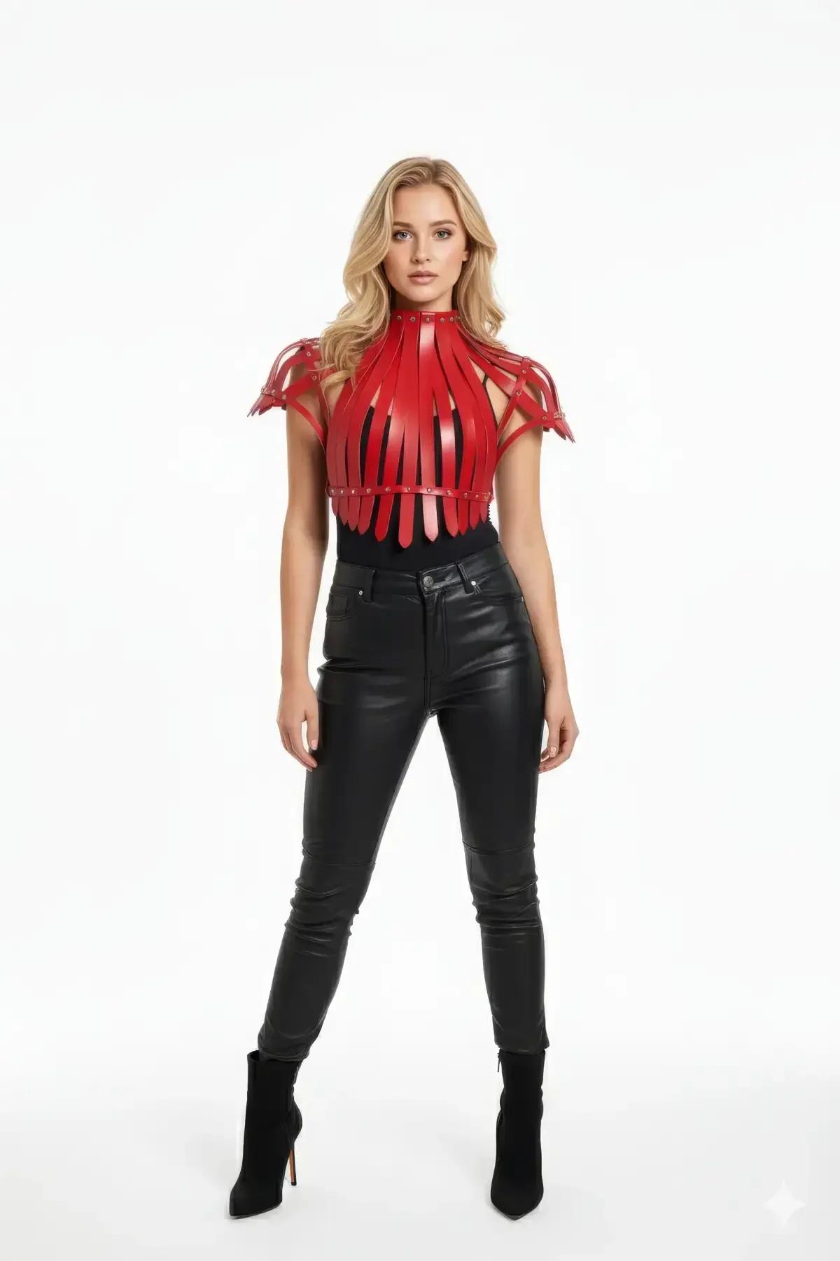 Red faux leather architectural shoulder harness top with vertical cage-cut strips and structured shoulder caps, front view on
