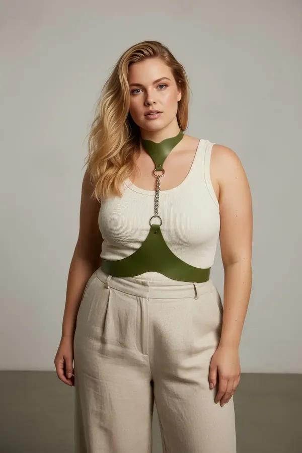 haki vegan deri büyük beden harness choker yakalık ve göğüs şeridi gümüş zincirli kadın vücut aksesuarı