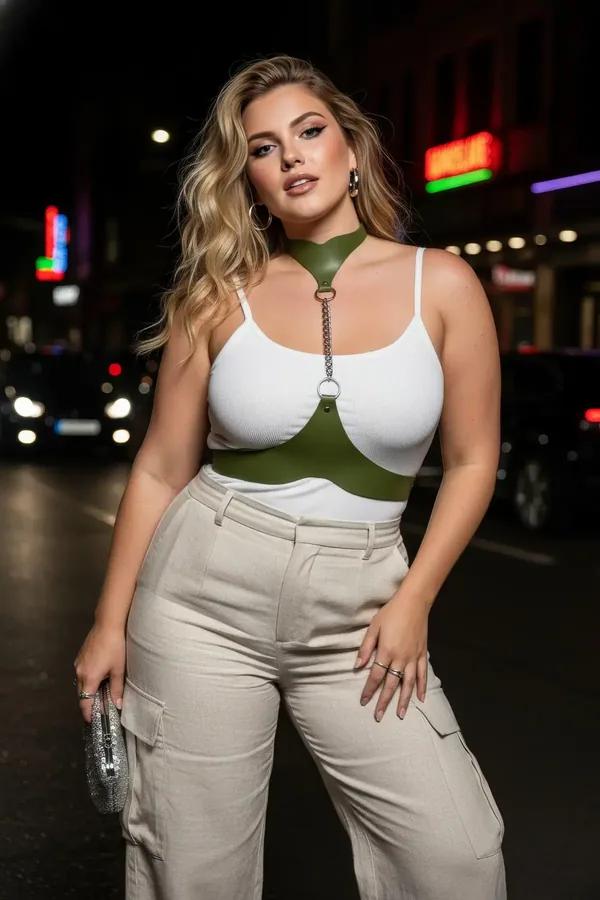 haki vegan deri büyük beden harness choker yakalık ve göğüs şeridi gümüş zincirli kadın vücut aksesuarı