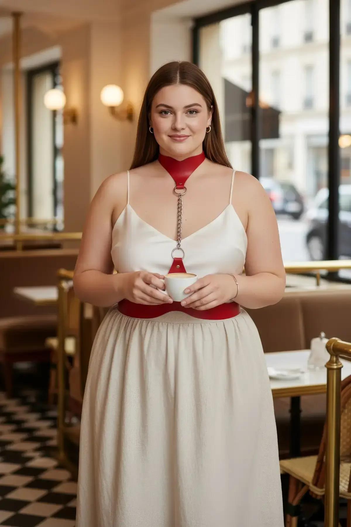 red vegan leather choker and waist belt set with silver chain O-ring connection plus size