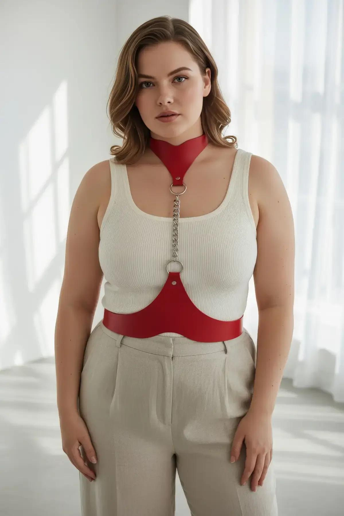 red waist belt 4 cm width on plus size women's model over white dress