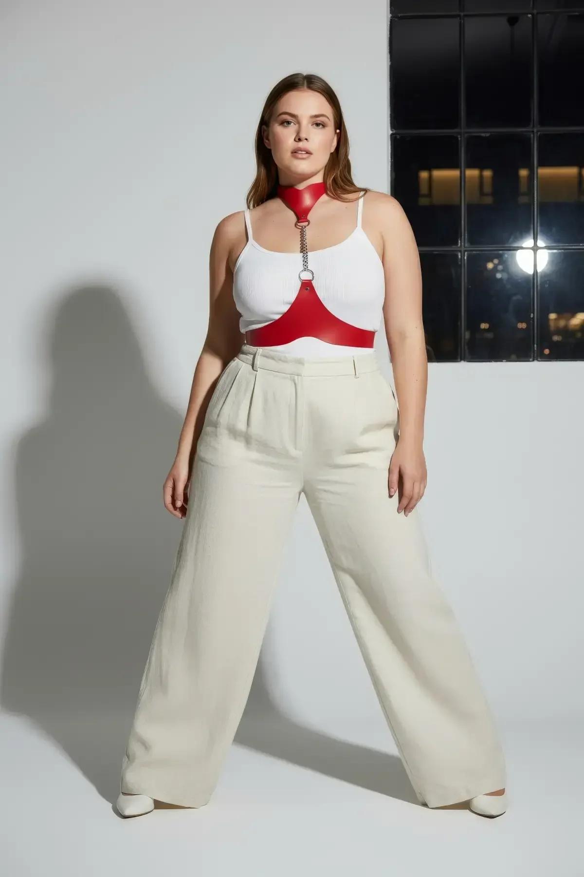 silver chain detail red leather choker and waist belt connection point profile view